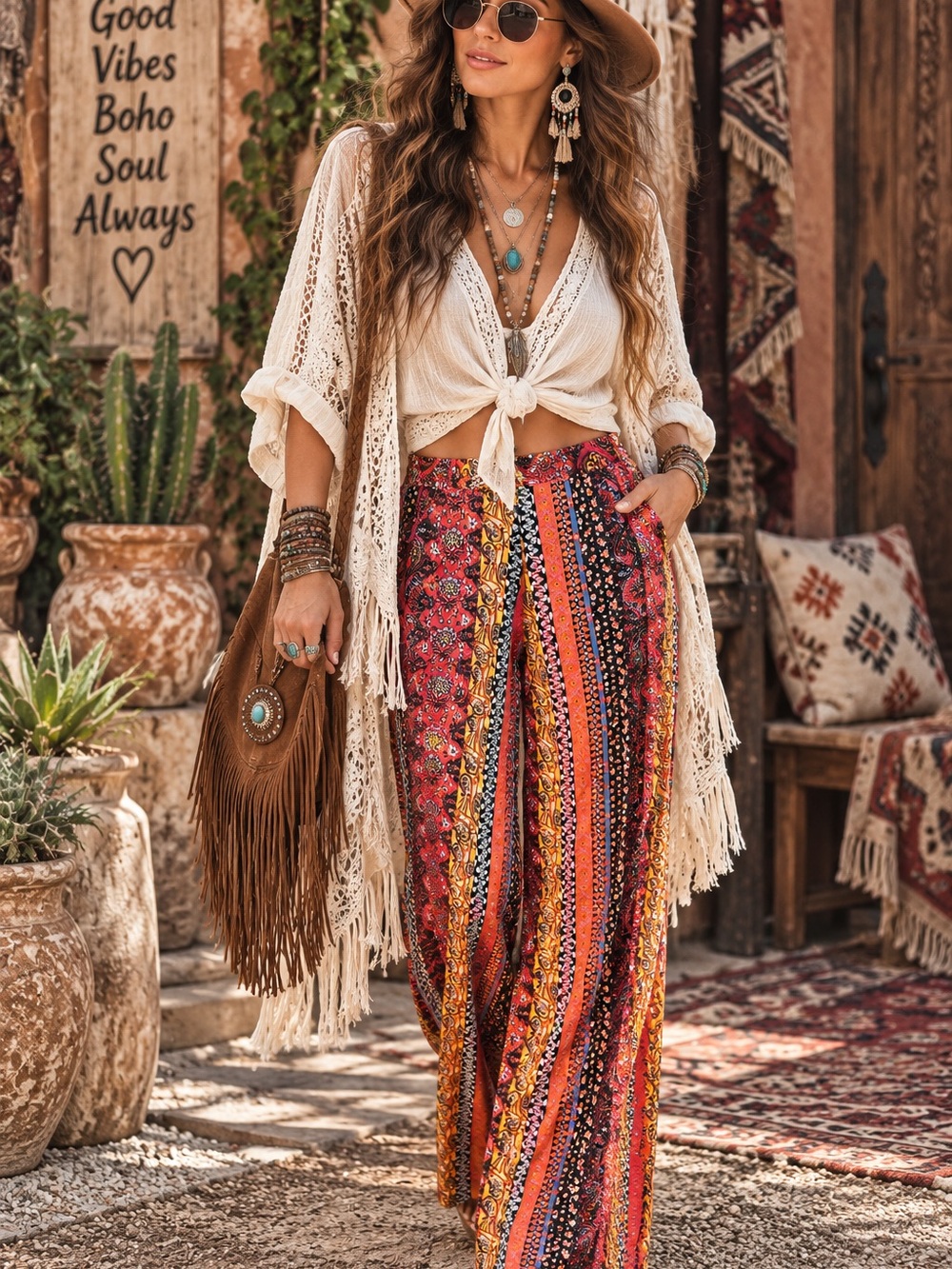 Cato Boho Floral Stripe Wide-Leg Skirt — Red Multi